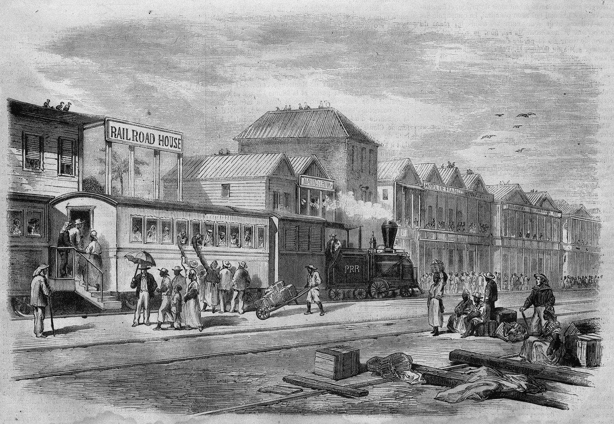 Nowa Granada (dzisiejsza Kolumbia): Aspinwall Railway, punkt początkowy z transistmicznego do Przesmyku Panamskiego. w „Ilustrowanym Wszechświecie”, 7.04.1866. autorstwa Unknown artist
