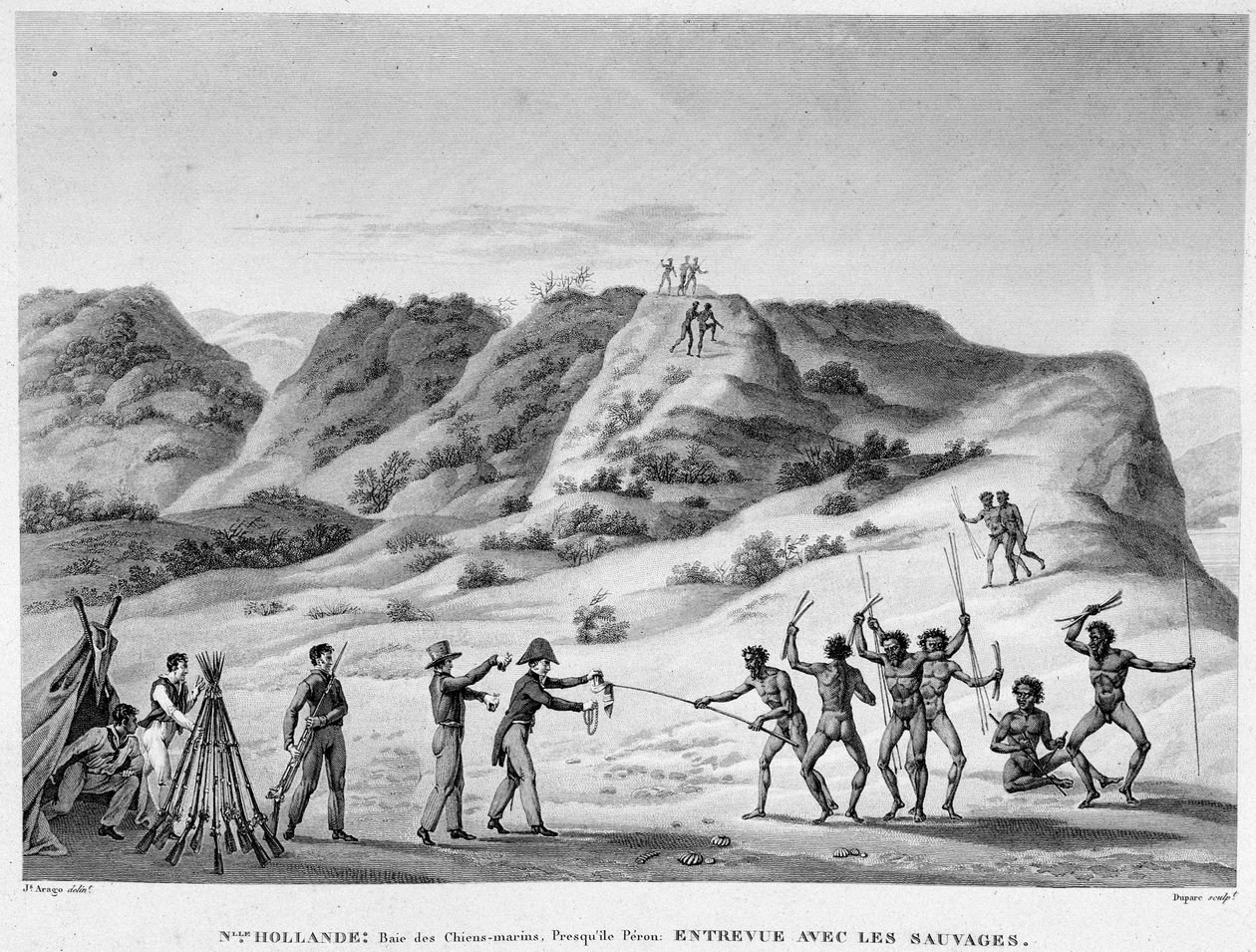 New Holland, Bay of Marine Dogs, półwysep Peron: wywiad z Indianami (spotkanie Aborygenów z osadnikami) - rycina, deb. 19 wiek autorstwa Unknown artist