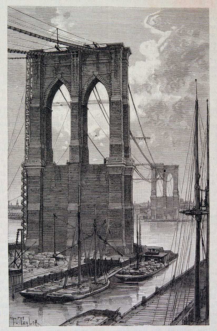 Nowy Jork: Pale Brooklyn Bridge w budowie - w „The World Tour”, 2 semestr 1881 autorstwa Unknown artist