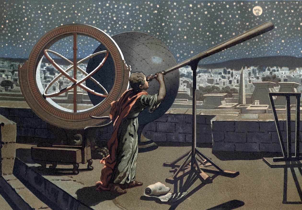 Hipparch Nicei. (Hipparkhos) w Obserwatorium Aleksandryjskim Astronom grecki (w Bytynii, II w. p.n.e.) według „Nauka i jej ludzie” Louisa Figuiera. Barcelona 1881 autorstwa Unknown artist
