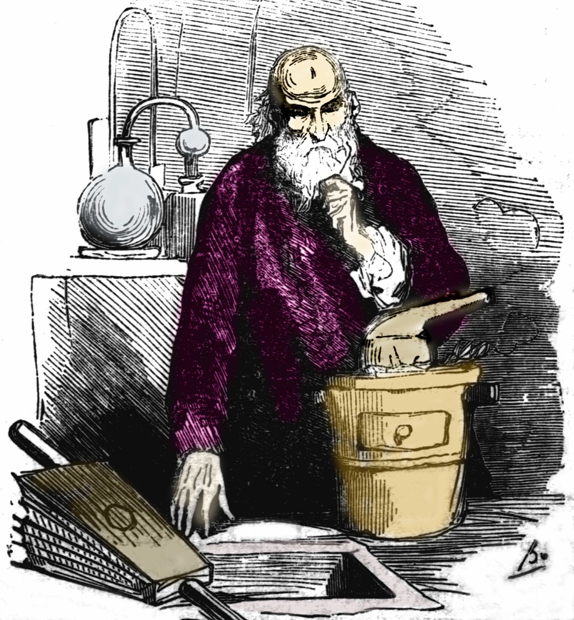 Nicolas Flamel (1330-1418) w swoim laboratorium. autorstwa Unknown artist