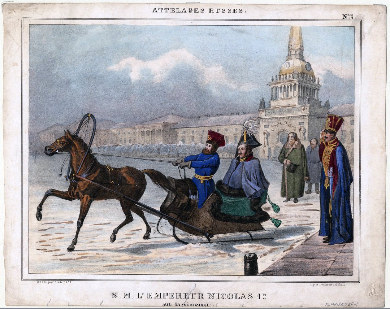 Nicolas I en traineau - Mikołaj I z Rosji w saniach - Anonim - 1850 - Litografia, akwarela - 21,3x26,8 - Kolekcja prywatna autorstwa Unknown artist