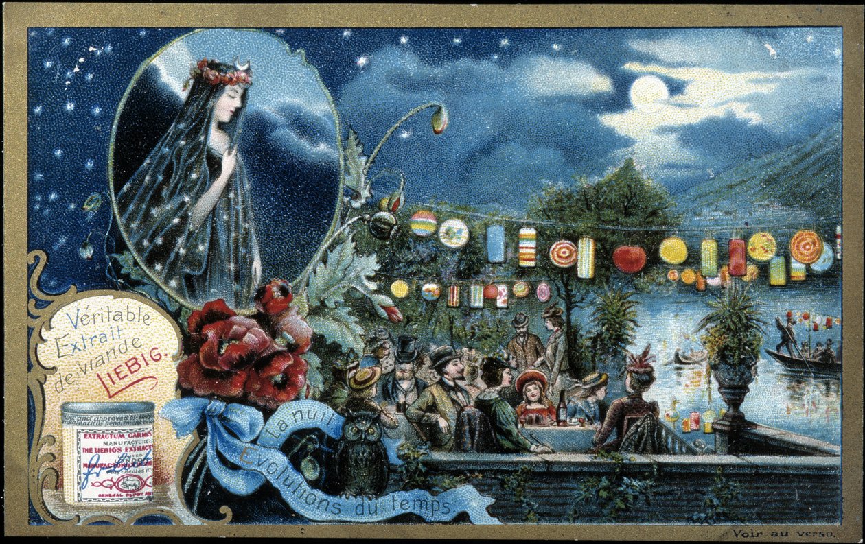 Nocna, nocna impreza oświetlona latarniami, nad jeziorem - chromolitografia Liebiga autorstwa Unknown artist