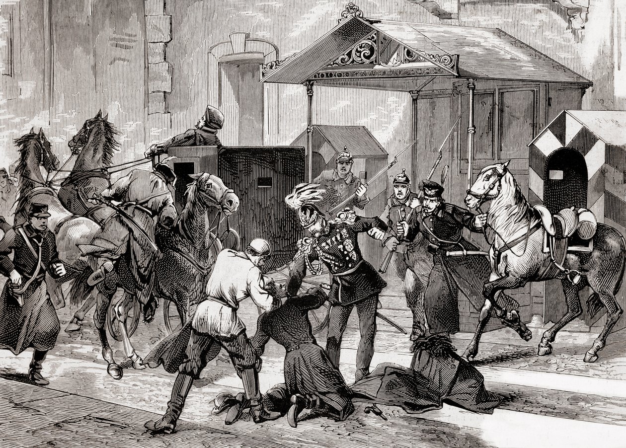 Nihilizm w Rosji - Próba zabójstwa Aide de Camp, generała Lorisa Melikoffa (Loris-Melikoff), przed drzwiami jego hotelu w Wielkiej Moskai w 1880 roku - Rosyjski ruch nihilistów w XIX wieku: zamach na hrabiego L autorstwa Unknown artist