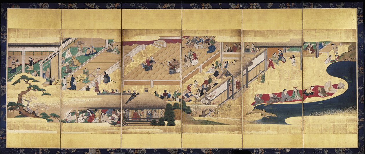 Noh Play: Funa Benkei (atrament, kolory i złoto na papierze, sześciopanelowy ekran) autorstwa Unknown artist