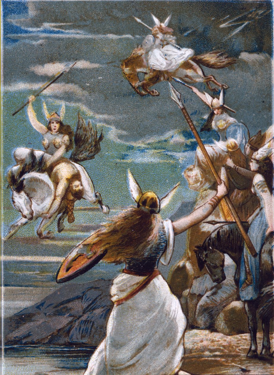 Mitologia nordycka: Walkyrie (dziewicze wojownicy) w Walhalli (lub Walhalla, Walhalla, Walhalle: miejsce, w którym sprowadzani są dzielni wojownicy) i upadek wojowników w bitwie. chromolitografia z XIX wieku autorstwa Unknown artist