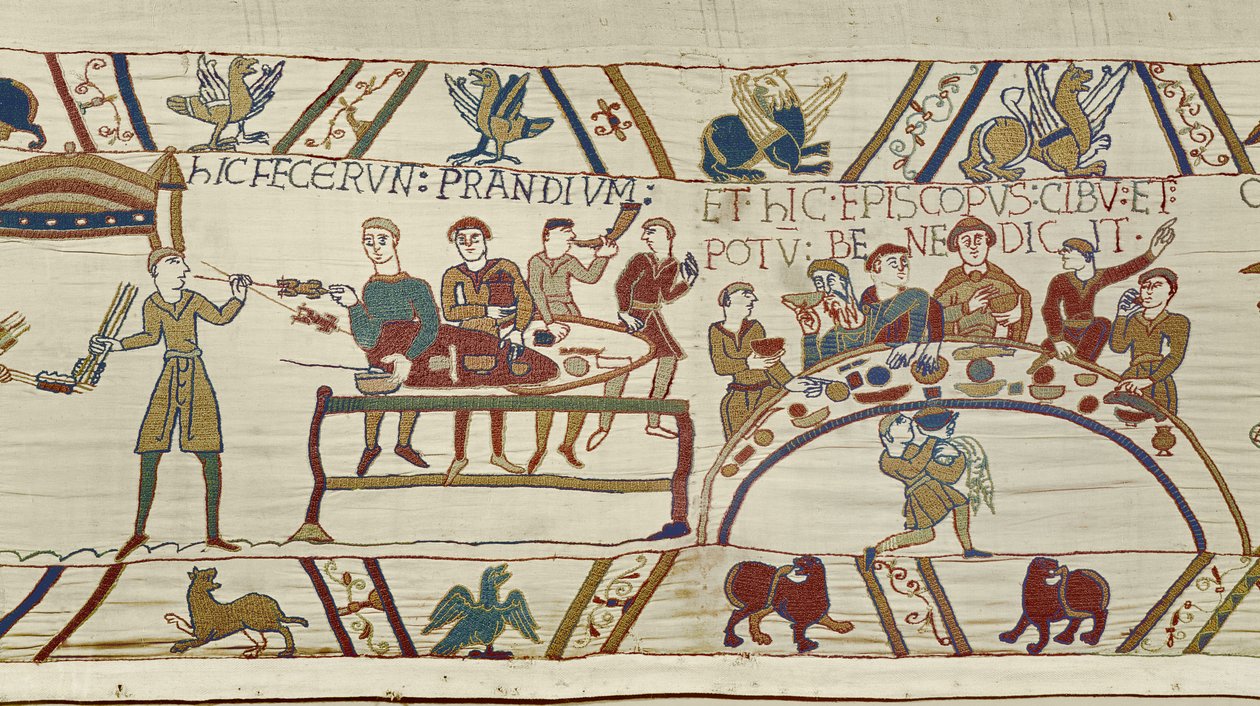Słudzy normańscy przygotowują bankiet dla Williama, a biskup Odo błogosławi posiłek, gobelin z Bayeux (haft z wełny na płótnie) autorstwa Unknown artist