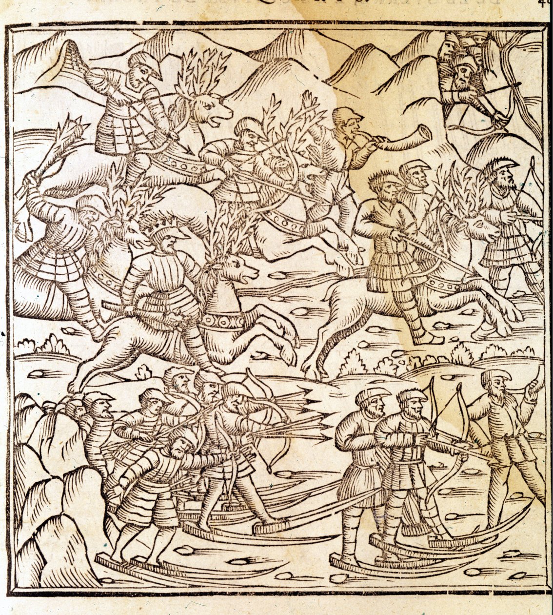 Norwescy myśliwi podróżujący na nartach i reniferach. Grawer Olausa Magnusa (1490 - 1557), szwedzkiego zakonnika i geografa, „Historia de Gentis Septentrionalibus”, Wenecja autorstwa Unknown artist