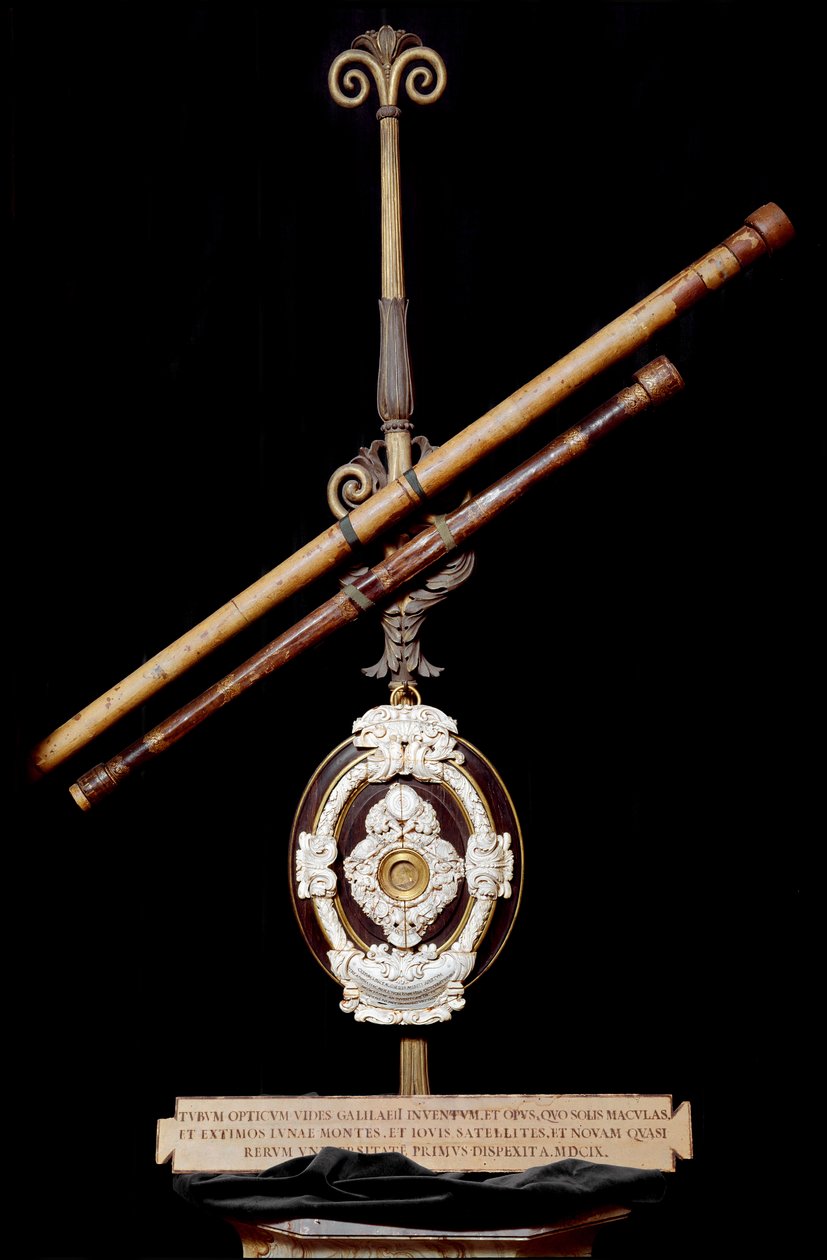 Soczewka obiektywu i astronomiczna luneta Galileusza lub Galileo Galilei (1564-1642). 1610. Muzeum Historii Nauki, Florencja autorstwa Unknown artist