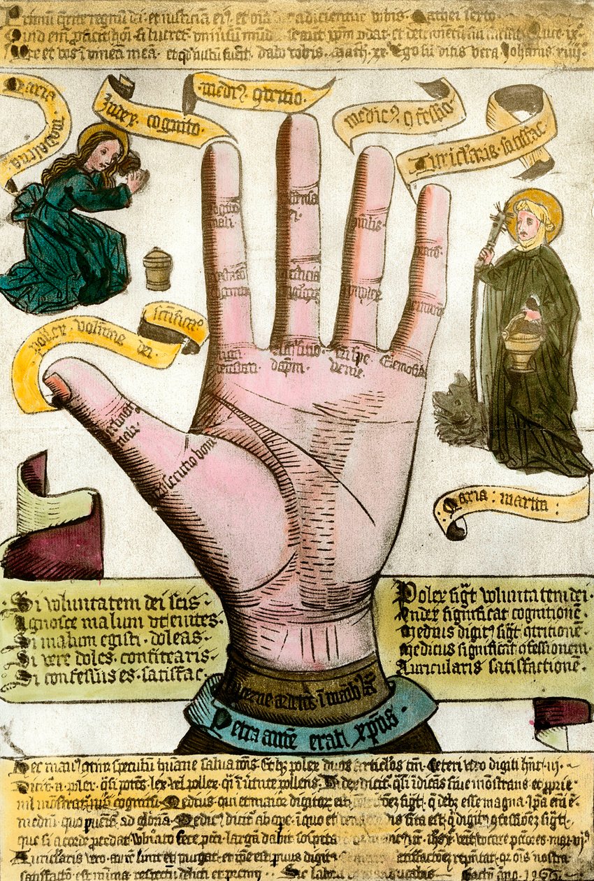 Nauki okultystyczne: ręka z liniami do czytania przyszłości. Talerz wyciągnięty z chiromancji autorstwa Unknown artist