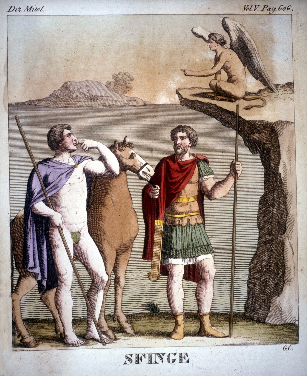 Edyp i Sfinks - w „Słowniku mitologicznym”, rycina z XIX wieku, Biblia. Brery w Mediolanie. autorstwa Unknown artist