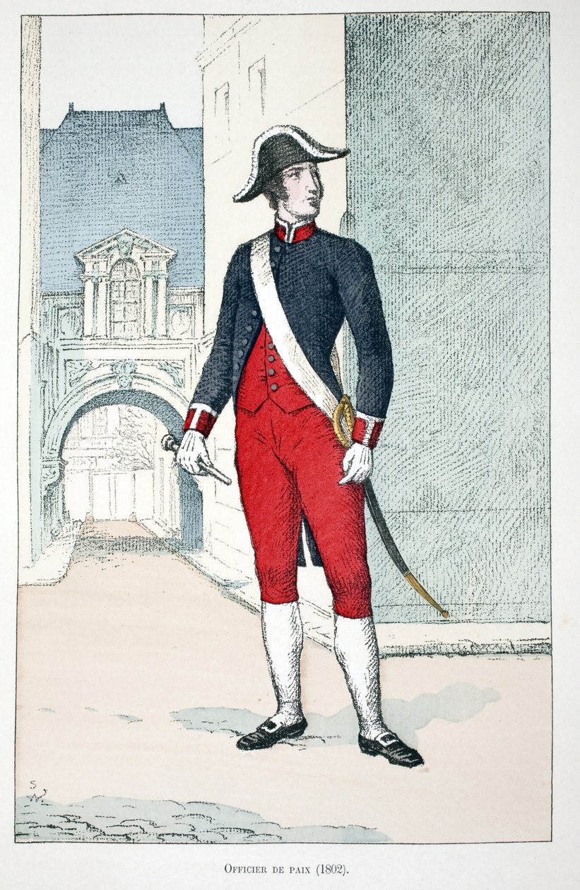 Oficer Pokoju (1802). Akwaforta w kolorach, dla ilustracji „Historia korpusu sił pokojowych””” książka wydana pod patronatem Louisa Lepine’a (1846-1933) prefekta policji nad Sekwaną, autorstwa Alfreda Reya (1864-?) i Louisa Ferona (1862) -?), autorstwa Unknown artist