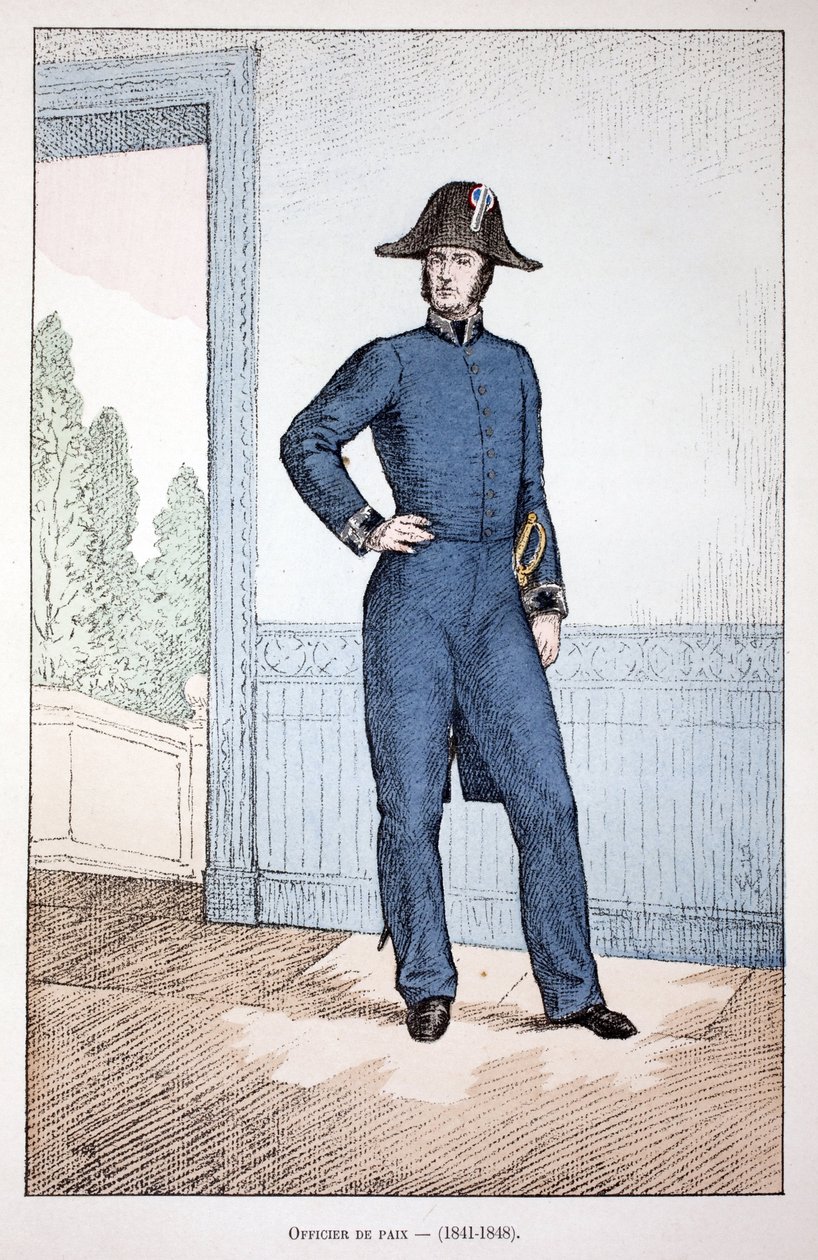 Oficer Pokoju (1841-1848). Akwaforta w kolorach, dla ilustracji „Historia korpusu sił pokojowych””” książka wydana pod patronatem Louisa Lepine’a (1846-1933) prefekta policji nad Sekwaną, autorstwa Alfreda Reya (1864-?) i Louisa Ferona (1862) - autorstwa Unknown artist