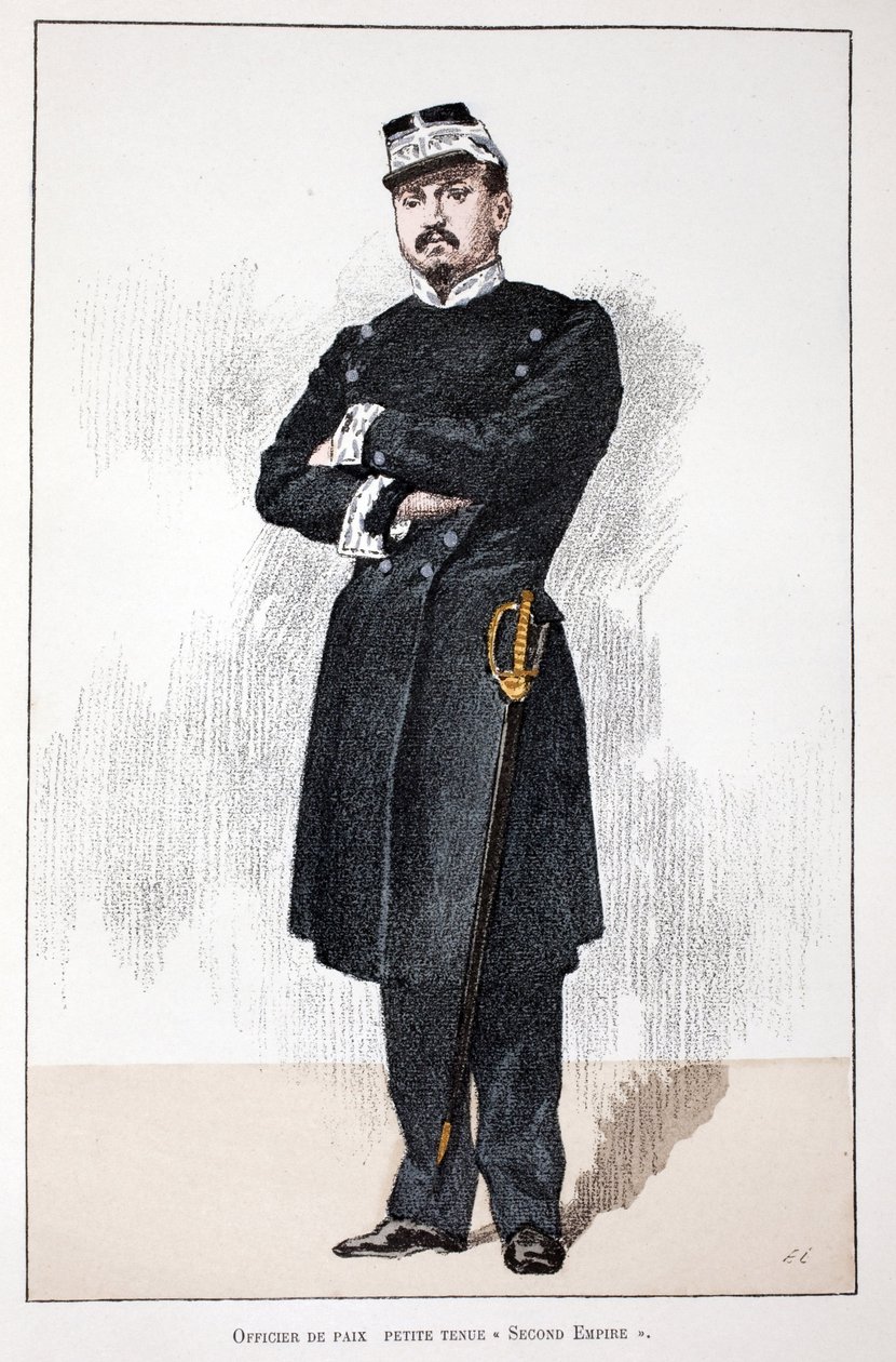 Oficer Pokoju, Mała Sukienka Drugiego Cesarstwa (1852-1870). Akwaforta w kolorach, dla ilustracji „Historia Korpusu Strażników Pokoju””” wydana pod patronatem Louisa Lepine’a (1846-1933) prefekta policji nad Sekwaną, autorstwa Alfreda Reya (186 autorstwa Unknown artist
