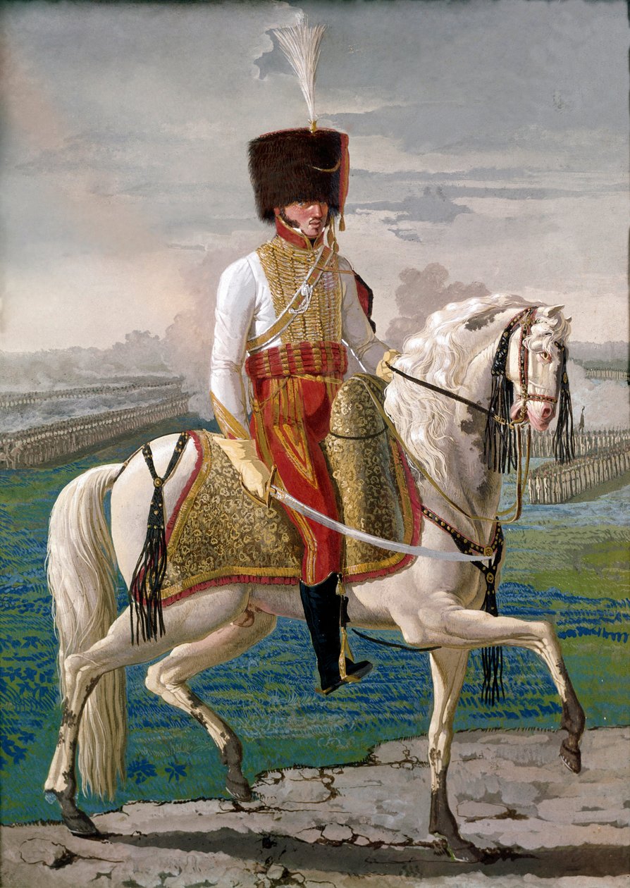 Oficer welitów na koniu, korpus wojskowy stworzony na cześć cesarza Napoleona I. tempera z początku XIX wieku. Museo Nazionale di San Martino Neapol autorstwa Unknown artist
