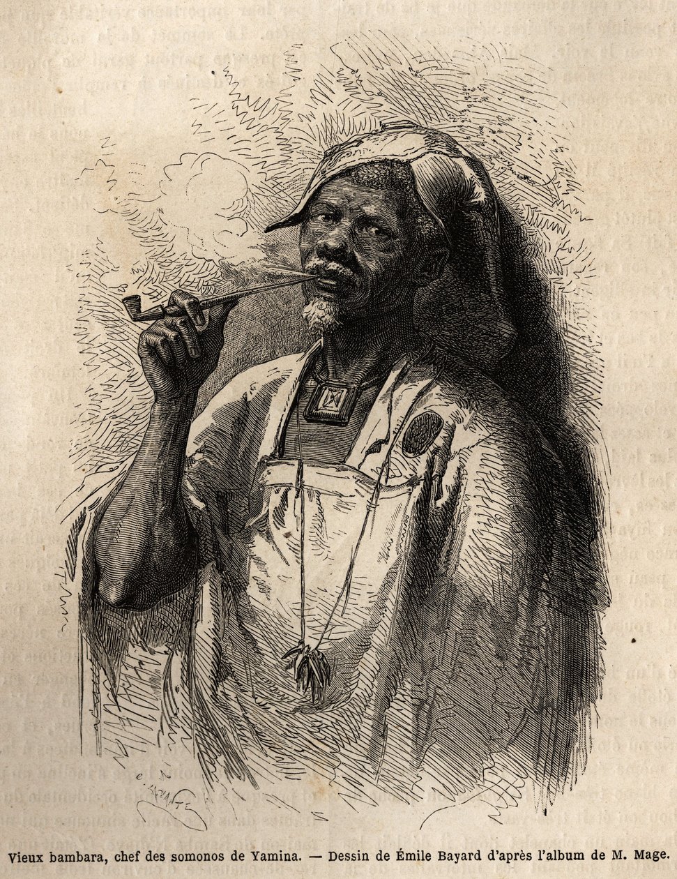 Stary Bambara, wódz plemienia w Yaminie (Niger), palący fajkę i noszący tradycyjne okrycie wodza swojego plemienia. Rycina ilustrująca podróż do Sudanu Zachodniego porucznika (marynarki) M.Mage, w latach 1863-1866, opublikowana w „Le tour du monde, nouveau autorstwa Unknown artist
