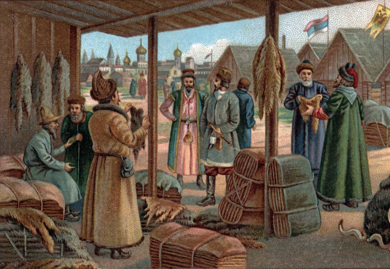 Stare Centra Handlowe: Targi Futrzarskie w Nowogrodzie (Veliky Novgorod), Rosja w XIX wieku. Chromolitografia z końca XIX wieku autorstwa Unknown artist