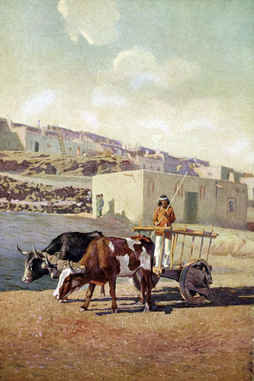 Stara caretta (wóz) ciągnięta przez dwa woły, powożona przez rdzennego Amerykanina z ludu Pueblo w Laguna, Nowy Meksyk autorstwa Unknown artist
