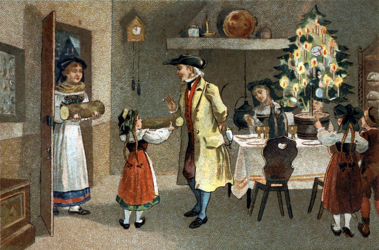Stary zwyczaj obchodzony w regionie Alzacji: krzew bożonarodzeniowy. Chromolitografia z końca XIX wieku. autorstwa Unknown artist