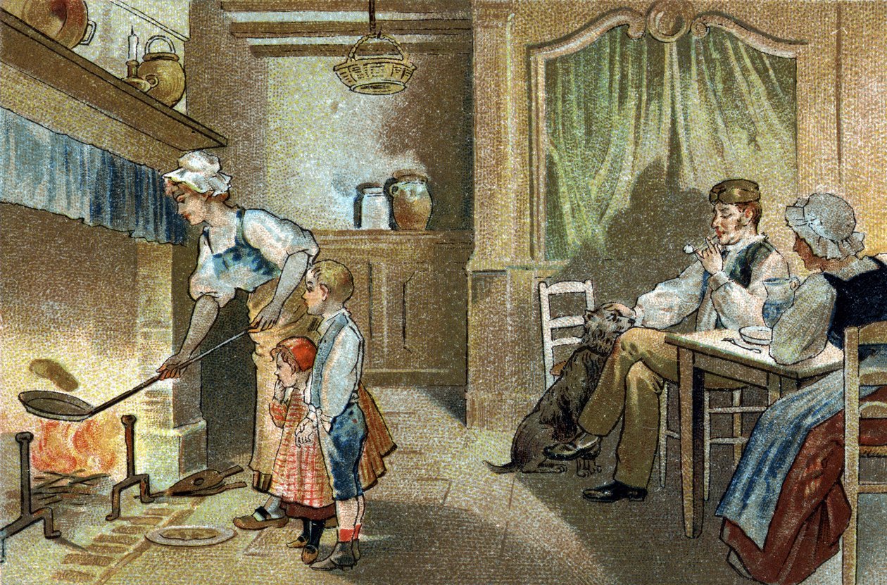 Stary zwyczaj obchodzony w regionie Berry: naleśniki ze świecznikami. Chromolitografia z końca XIX wieku. autorstwa Unknown artist