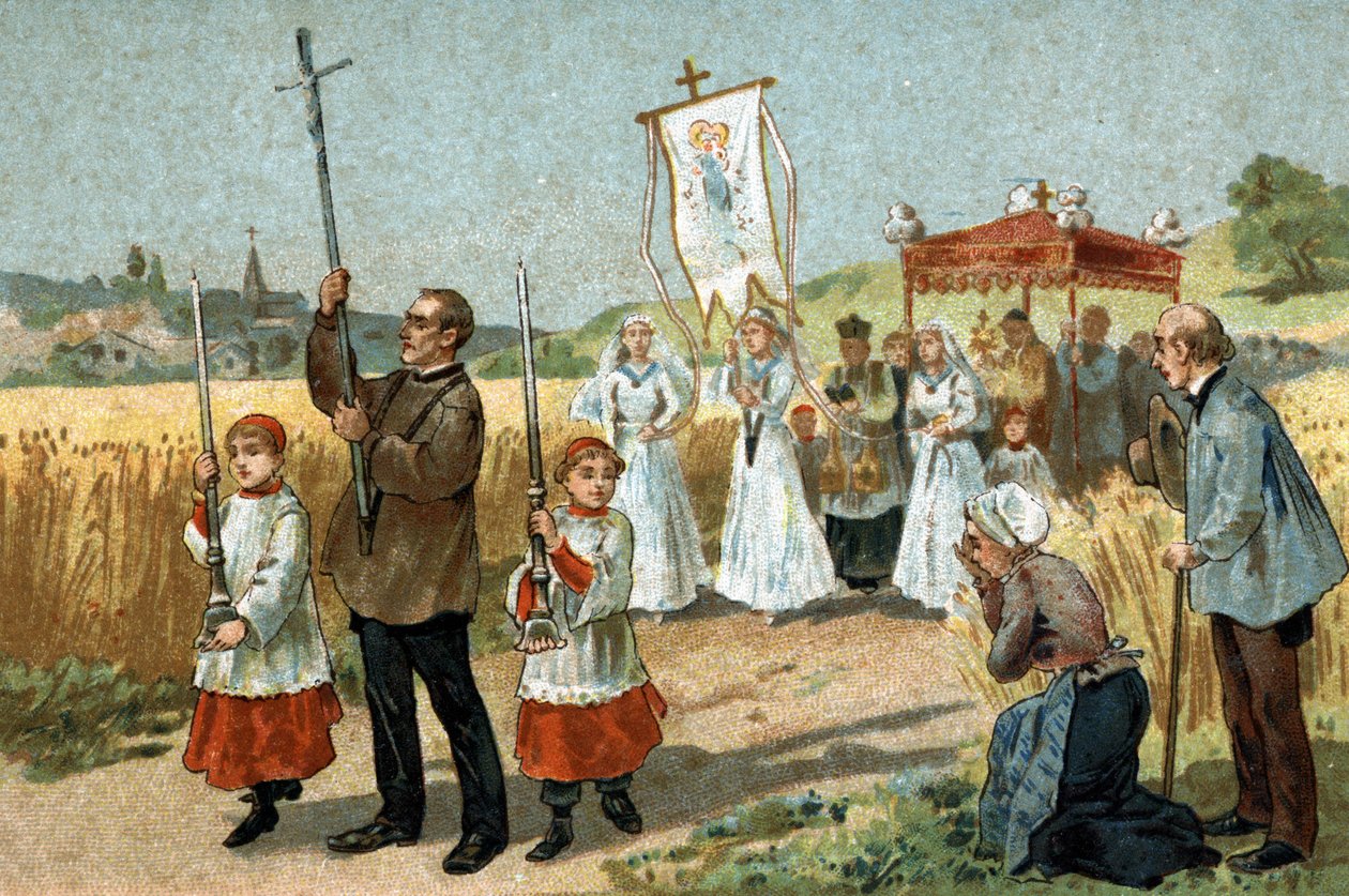 Stary zwyczaj obchodzony w regionie Berry: procesja w pszenicy. Święto religijne. Chromolitografia z końca XIX wieku. autorstwa Unknown artist