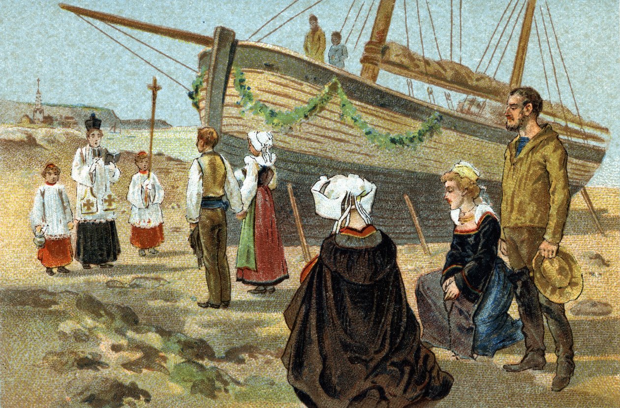 Stary zwyczaj obchodzony w regionie Bretanii: chrzest kutra rybackiego. Chromolitografia z końca XIX wieku. autorstwa Unknown artist