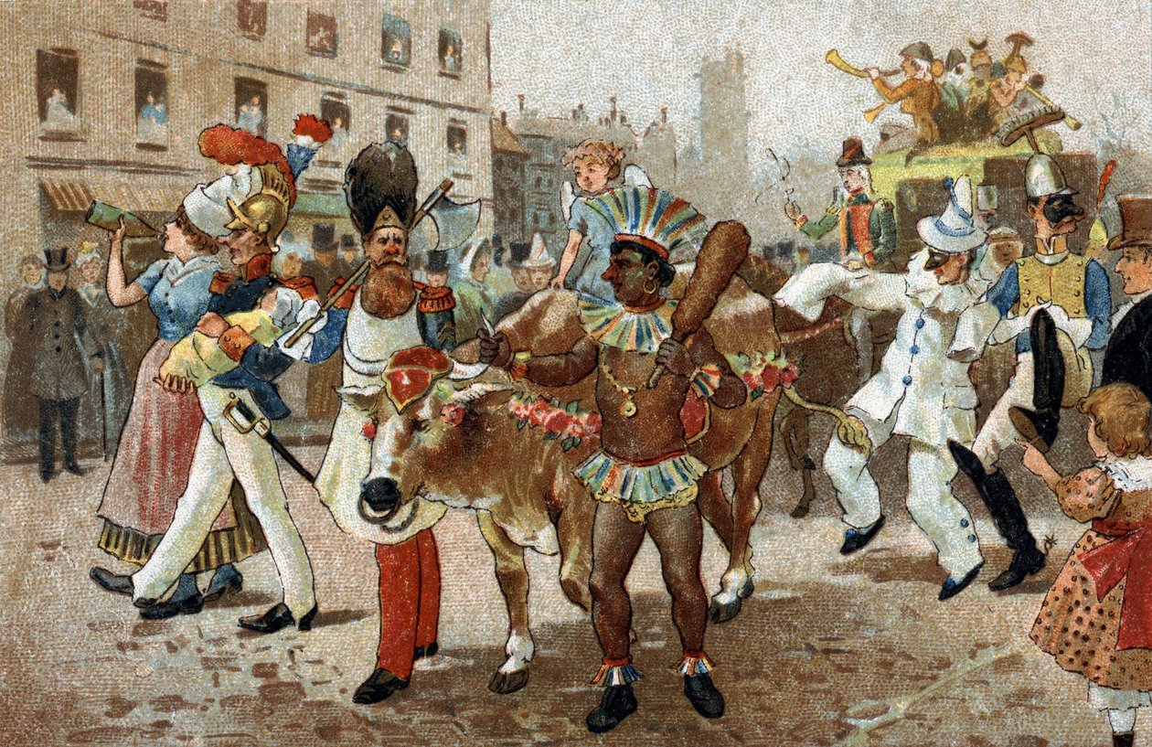 Stary zwyczaj obchodzony w regionie Ile de France: procesja gras wołowego w 1830 roku. Chromolitografia z końca XIX wieku. autorstwa Unknown artist