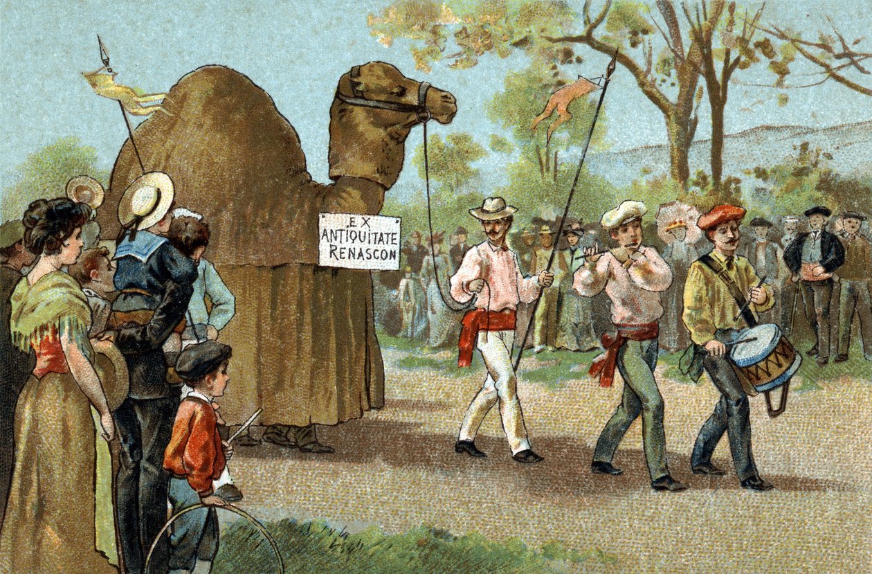 Stary zwyczaj obchodzony w regionie Langwedocji: Spacer na wielbłądach w dniu św. Afrodyty. Chromolitografia z końca XIX wieku. autorstwa Unknown artist