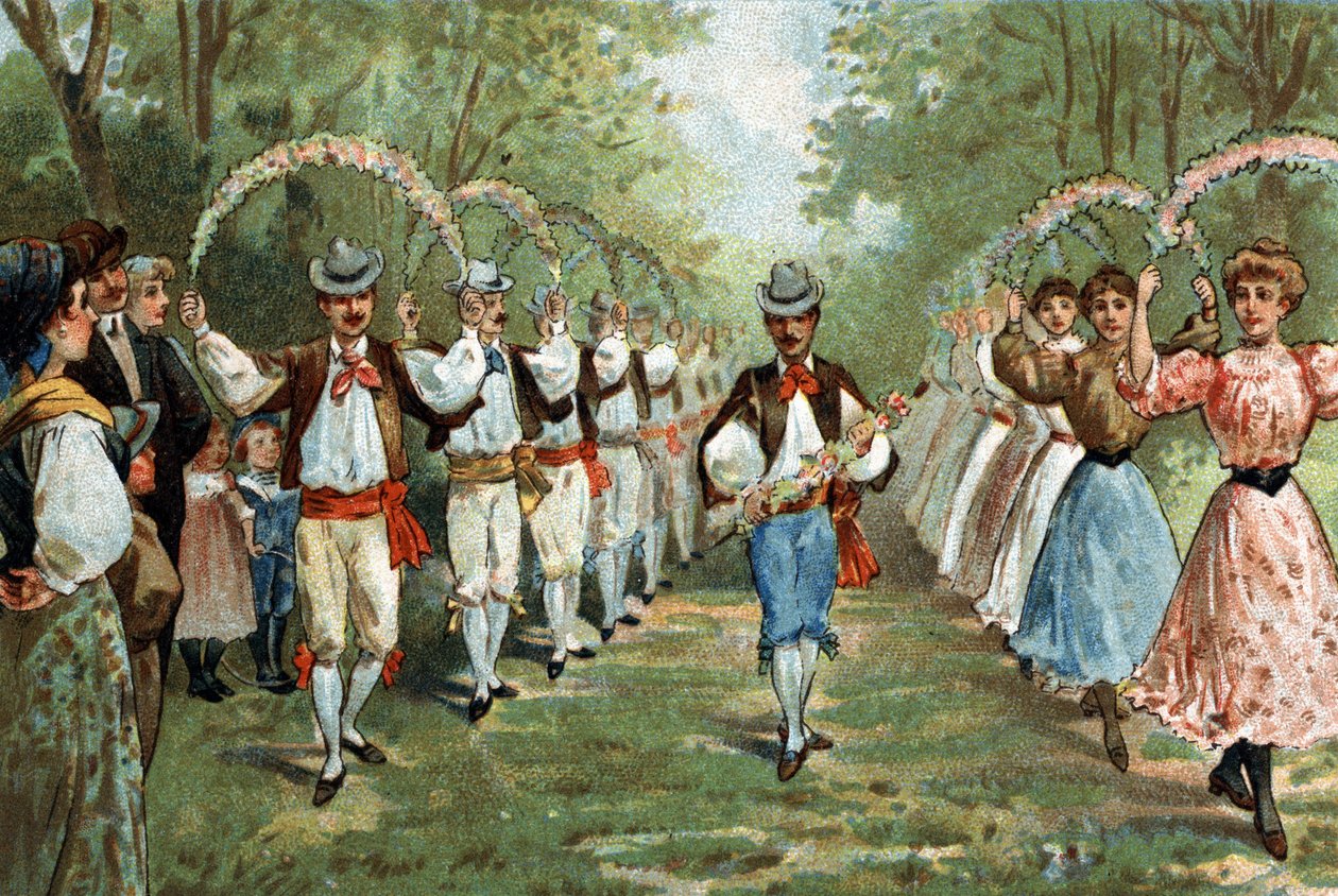 Stary zwyczaj obchodzony w regionie Langwedocji: taniec trelli. Chromolitografia z końca XIX wieku. autorstwa Unknown artist