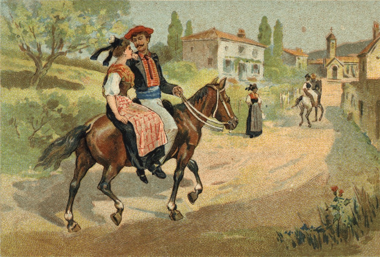 Stary zwyczaj obchodzony w regionie Prowansji: zgromadzenie Camarguais. Chromolitografia z końca XIX wieku. autorstwa Unknown artist