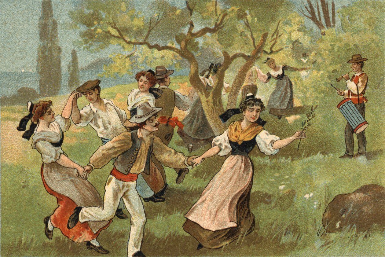 Stary zwyczaj obchodzony w regionie Prowansji: farandole na dożynki jedwabników. Chromolitografia z końca XIX wieku. autorstwa Unknown artist