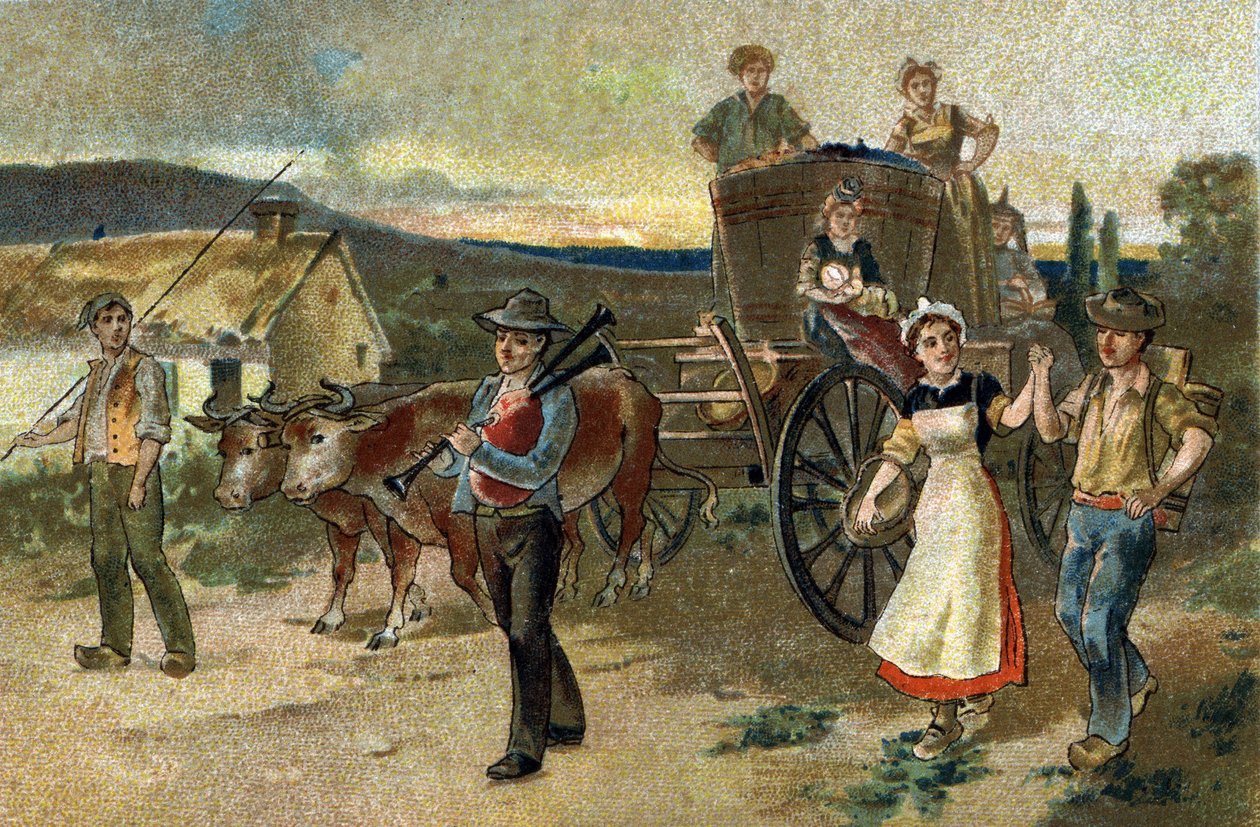 Stary zwyczaj obchodzony w regionie Burgundii: Dożynki. Ostatni rocznik. Chromolitografia z końca XIX wieku. autorstwa Unknown artist