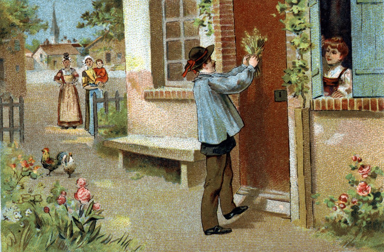 Stary zwyczaj obchodzony w regionie Burgundii: święto majowe. Chromolitografia z końca XIX wieku. autorstwa Unknown artist
