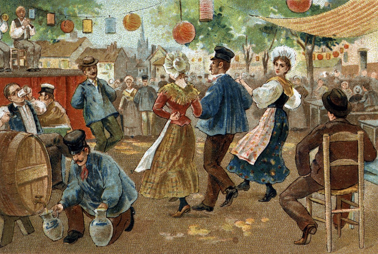 Stary zwyczaj obchodzony w regionie Flandrii: Jarmark flamandzki. Chromolitografia z końca XIX wieku. autorstwa Unknown artist