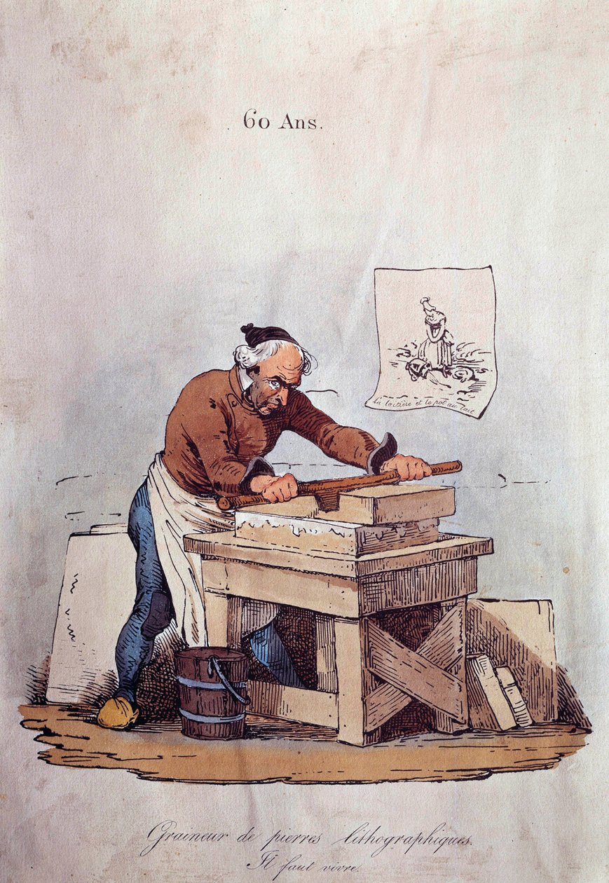 Stare metiery: szlifierka litograficzna. To jeden z etapów drukowania litografii polegający na przygotowaniu kamienia tuszem. Ilustracja XIX-wiecznej kolekcji prywatnej autorstwa Unknown artist