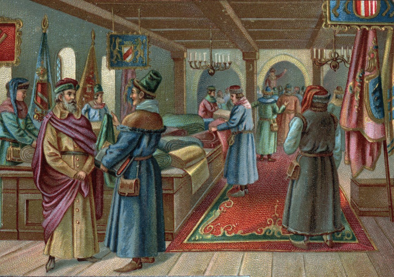 Stare centra handlowe: hala bieliźniana w Brugii, Belgia w XV wieku. Chromolitografia z końca XIX wieku autorstwa Unknown artist