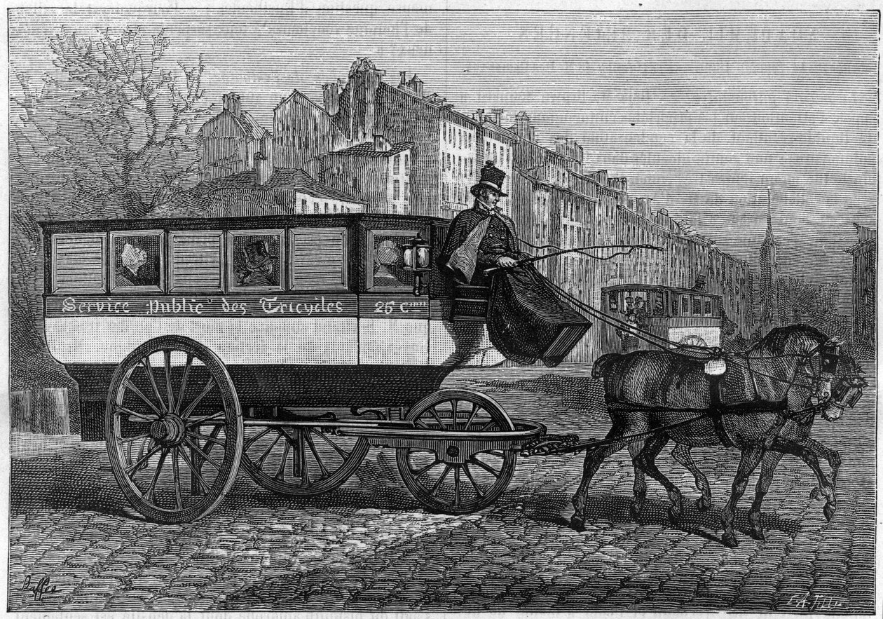 Omnibus ma trzy koła lub trójkołowiec na ulicach Paryża. Grawerowanie w „” Naturze. Przegląd nauki i jej zastosowań w sztuce i przemyśle. autorstwa Unknown artist