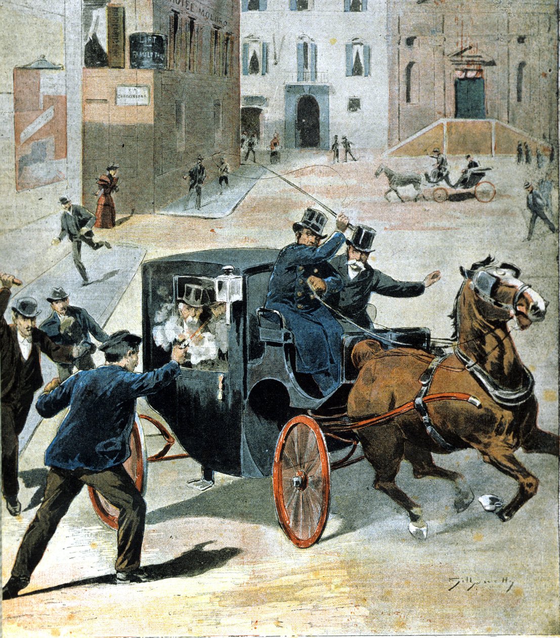 16 czerwca 1894 r. w Rzymie anarchista Paolo Lega strzelił z rewolweru do Francesco Crispiego, przewodniczącego Rady Włoskiej. Ilustracja okresu. autorstwa Unknown artist