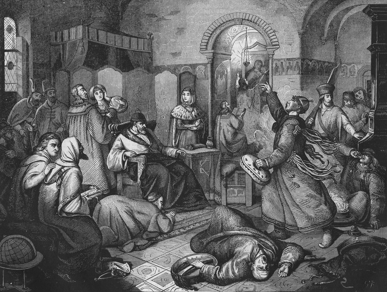 W ostatnim dniu Iwana IV Groźnego (1530-1584), cara i wielkiego księcia ruskiego, obok niego jego piękna córka. grawerunek z 1860 roku. autorstwa Unknown artist