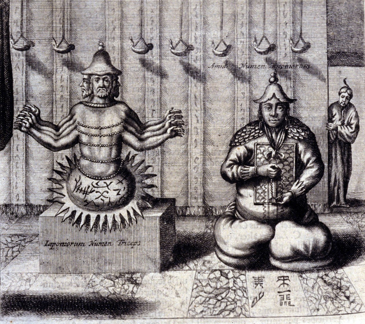 Po lewej hinduskie bóstwo ma osiem ramion, po prawej Amida, japoński Budda. „De China Monumenta” Athanasius Kircher (1601 - 1680), jezuita, orientalista i niemiecki uczony, Amsterdam 1667. autorstwa Unknown artist
