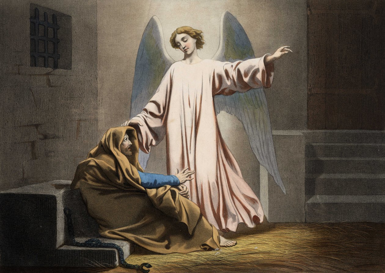 Po dwukrotnym zatrzymaniu św. Piotr zostaje uwolniony przez anioła. Anonimowy rycina z połowy XIX wieku. autorstwa Unknown artist