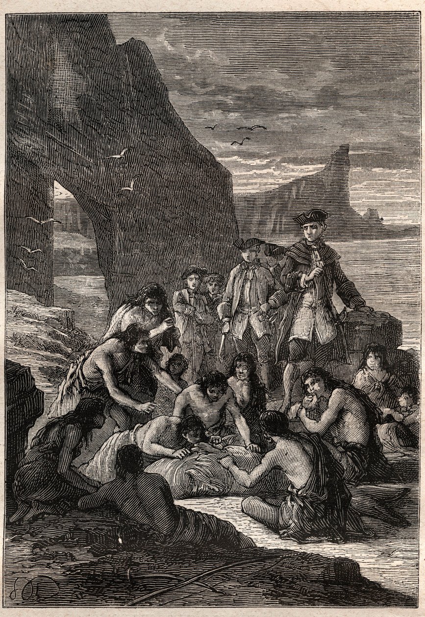 Jeden z nich rozdzielił się zębami: wiceadmirał John Byron (1723-1786) na jednej z wysp Detroit Magellana - mieszkańcy Ziemi Ognistej (mieszkańcy Ziemi Ognistej) demontują zębami wieloryba rozdartego i skamieniałego na plaży - chory autorstwa Unknown artist