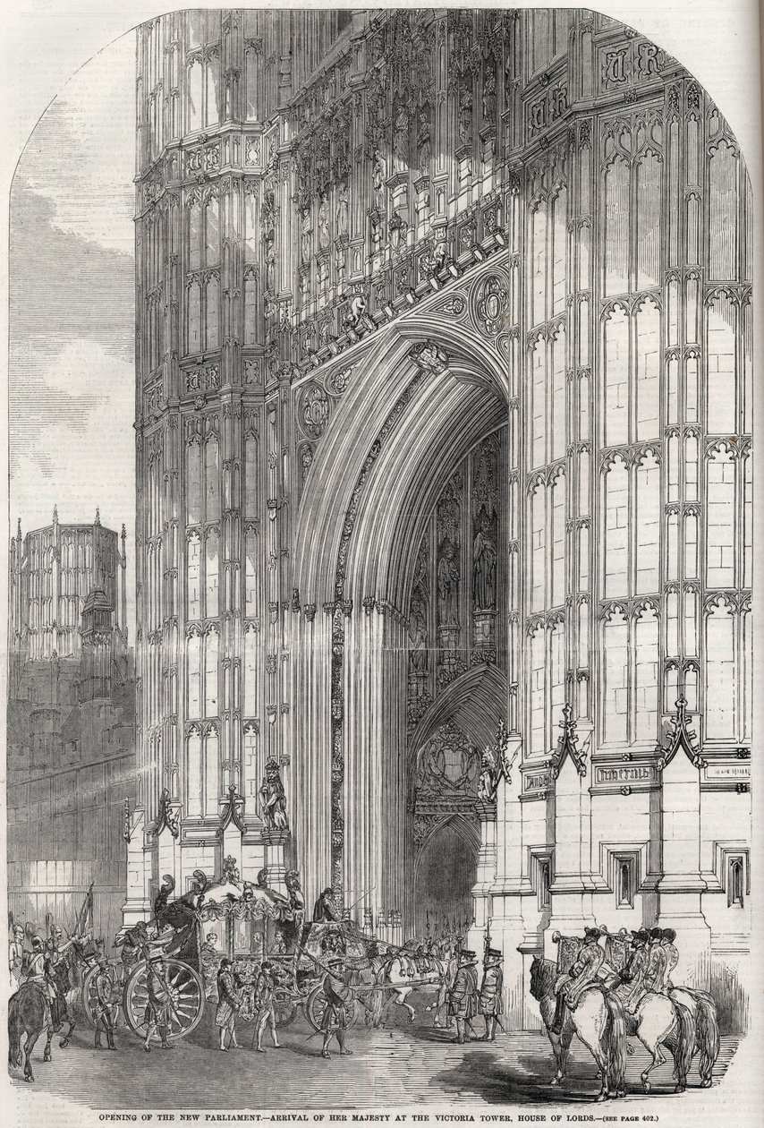 Otwarcie nowego parlamentu - przybycie Jej Królewskiej Mości pod wieżę Victoria, House of Lords 1852 autorstwa Unknown artist