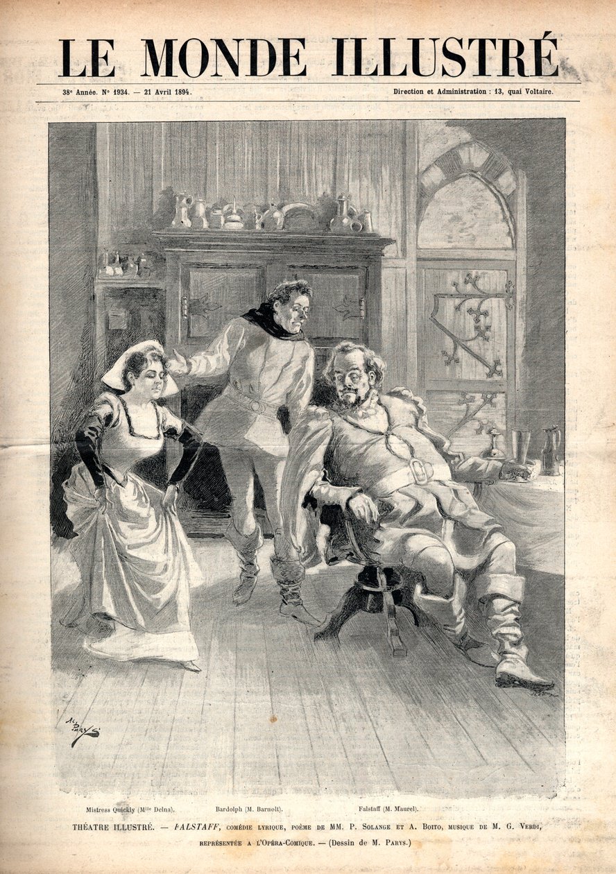 Opera „Falstaff” Giuseppe Verdiego (1813-1901), trzyaktowa komedia liryczna Arrigo (lub Enrico) Boito, reprezentowana w paryskiej operze comic w 1894 roku z Victorem Maurelem, Marie Delną i Paulem Fleuretem (Barnolt) (1844) -1900) - Okładka „Świata sławneg autorstwa Unknown artist