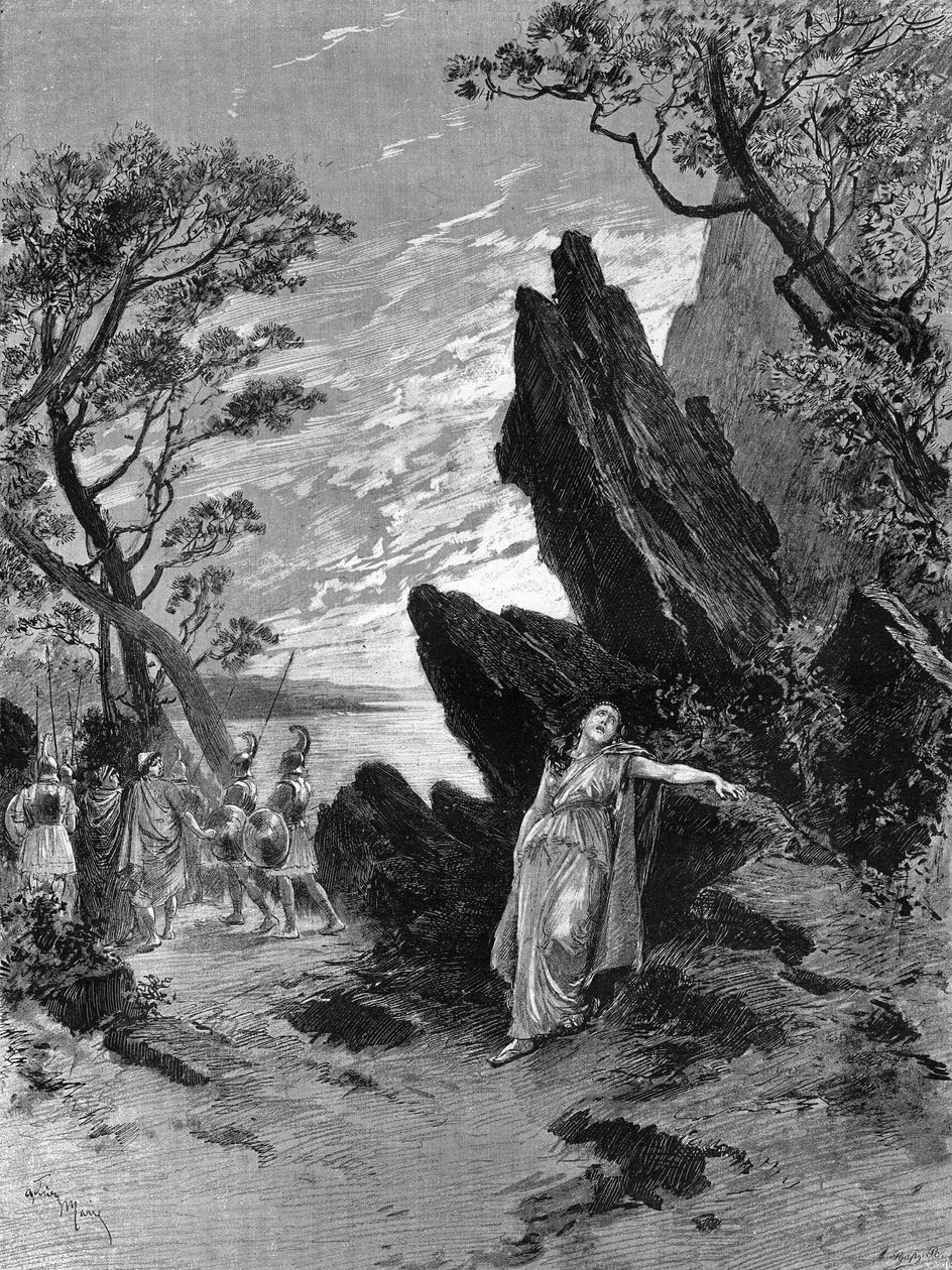 Opera „Sapho” Emila Augiera (1820-1889) i Charlesa Gounoda (1818-1893) z śpiewakiem Kraussem w ostatnim akcie. Grawerowanie w „”Le Monde Illustré”” autorstwa Unknown artist