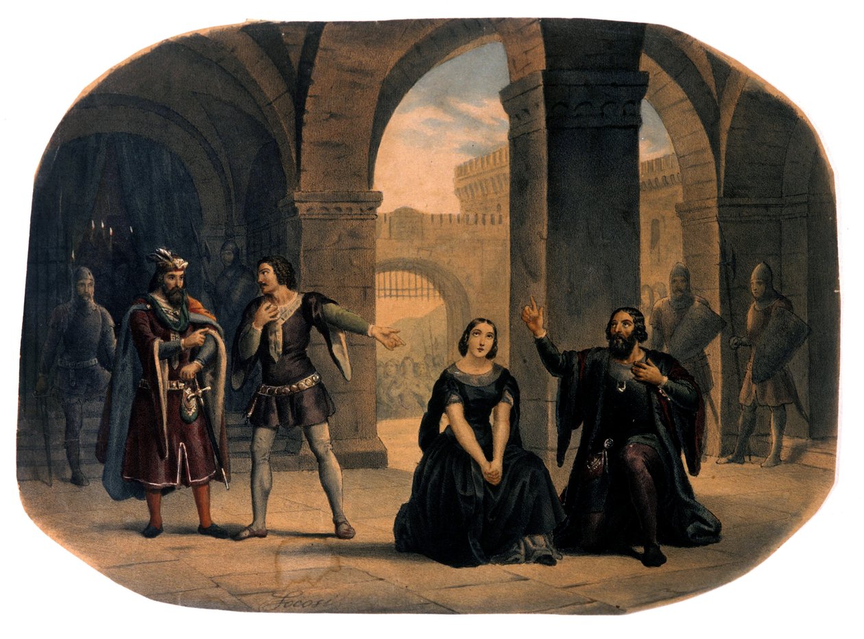 Scena operowa „I vespri siciliani” (Nieszpory sycylijskie) skomponowana przez Giuseppe Verdiego. chromolitografia z końca XIX wieku.. autorstwa Unknown artist