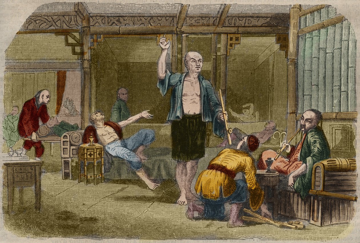 Palacze opium w Chinach w połowie XIX wieku. Grawer z 1857 roku w „Le Musee Des Sciences”” autorstwa Unknown artist