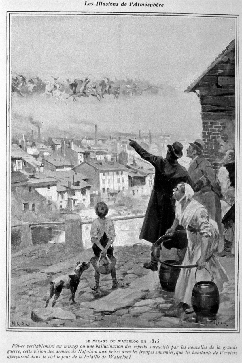 Złudzenia optyczne: wizja wojsk napoleońskich na niebie Verviers (Belgia) w dniu bitwy pod Waterloo w 1815 roku. autorstwa Unknown artist