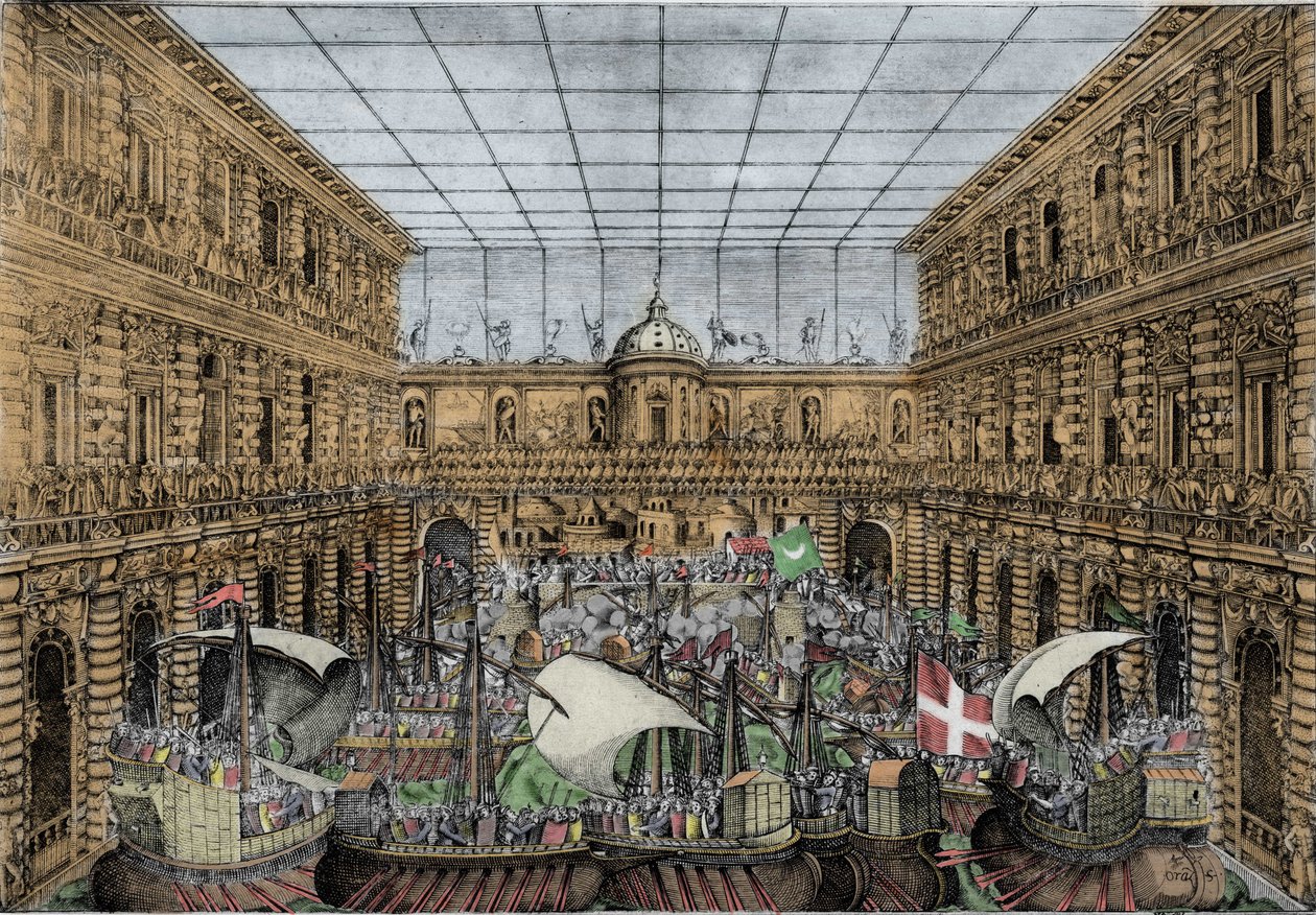 Orazio Scarabelli, Pokaz bitew morskich (naumachia) wznosi się na dziedzińcu Palazzo Pitti we Florencji (Pałac Królewski Medyceuszy, Wielcy Książęta Toskanii) Naumachia na dziedzińcu Palazzo Pitti, Florencja autorstwa Unknown artist
