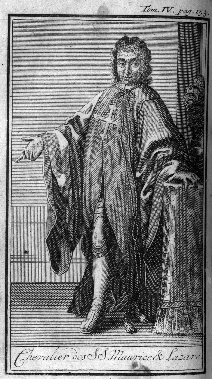 Ordery rycerskie. Rycerz św. Maurycego i Łazarza w Sabaudii w XVI wieku. W „”Historii zakonów rycerskich czy rycerskich, milicji sekulierów i regularnych obojga płci, które powstały do tej pory. Wydanie zaczerpnięte z Abbe Giustinian autorstwa Unknown artist